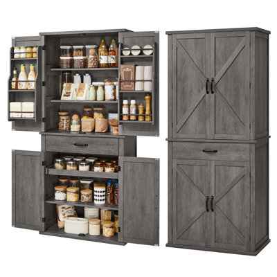 Farmhouse Pantry Cabinet, 70.3" Tall Kitchen Storage Cabinet with Barn Doors, Drawer, Tray, Adjustable Shelves