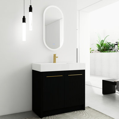 Meuble-lavabo de salle de bain autoportant en châtaignier noir avec lavabo et porte en résine - unité de 36 pouces sans fermeture