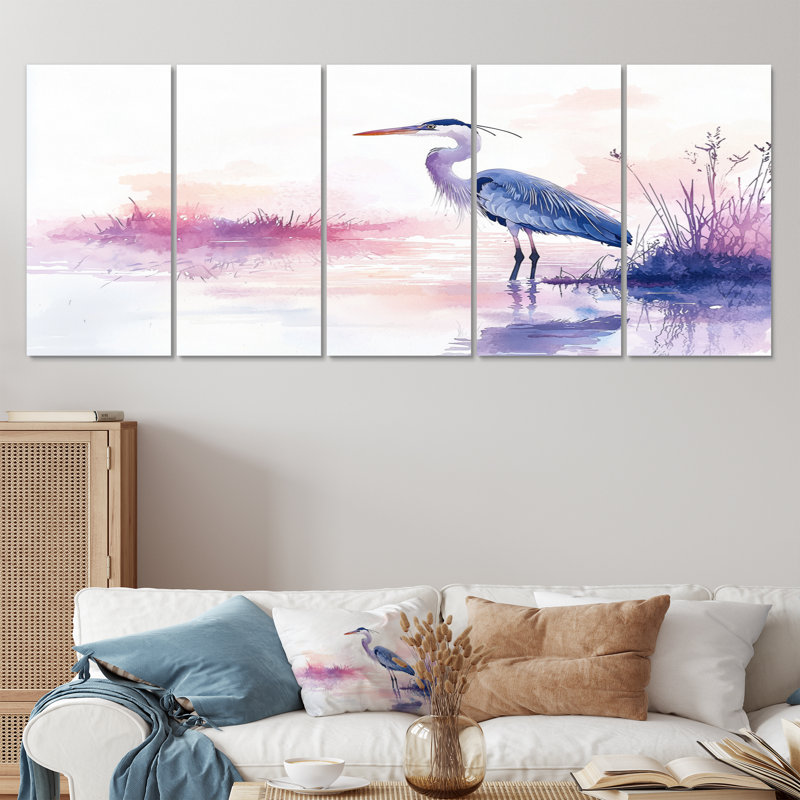 «Blue Heron At Dusk II», art mural héron, ensemble de décorations murales modernes, H 28 po x l 60 po, 5