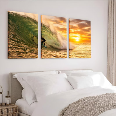 Surfer Riding Wave At Sunset Canvas Wrapped Wall Art Oil Painting Print Set Of 3
