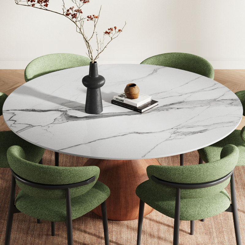 Mid-Century Modern Farmhouse Round Sintered Stone Pedestal Otelia For 4/6/8/10, 29.5"H x 47"L x 47"W, White