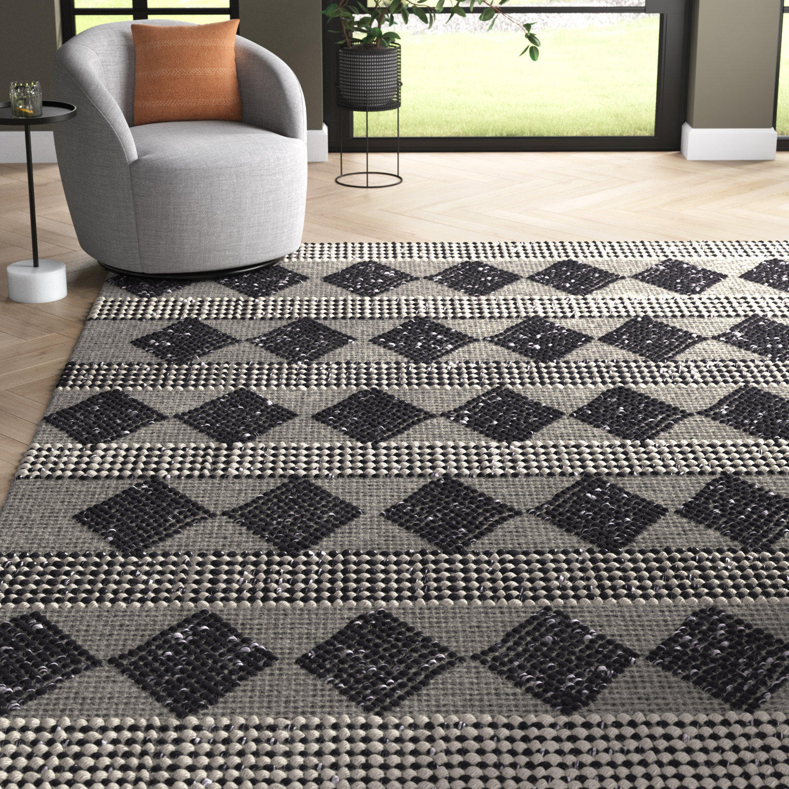 Altie Charcoal Beige Hand-Woven Geometric Rug, Rectangle 8'9" x 11'9"