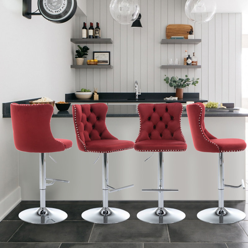 360°Swivel Adjustable Counter Height Bar Stools, 4, Wine Red, Sliver