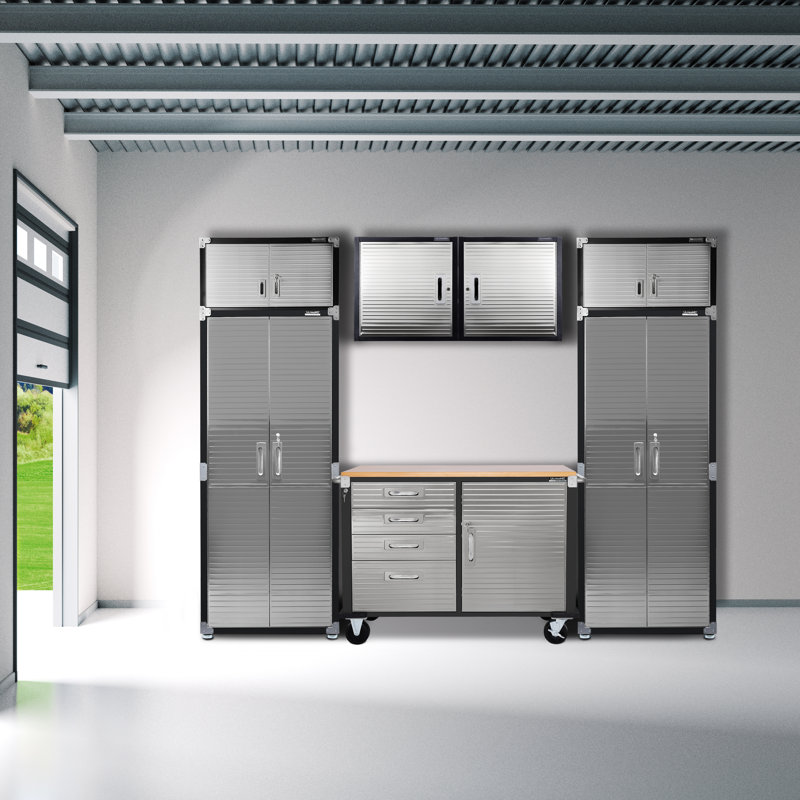 Seville Classics UltraHD 7-Piece Storage Cabinet System with Rolling Workbench, Graphite, 9' Wide