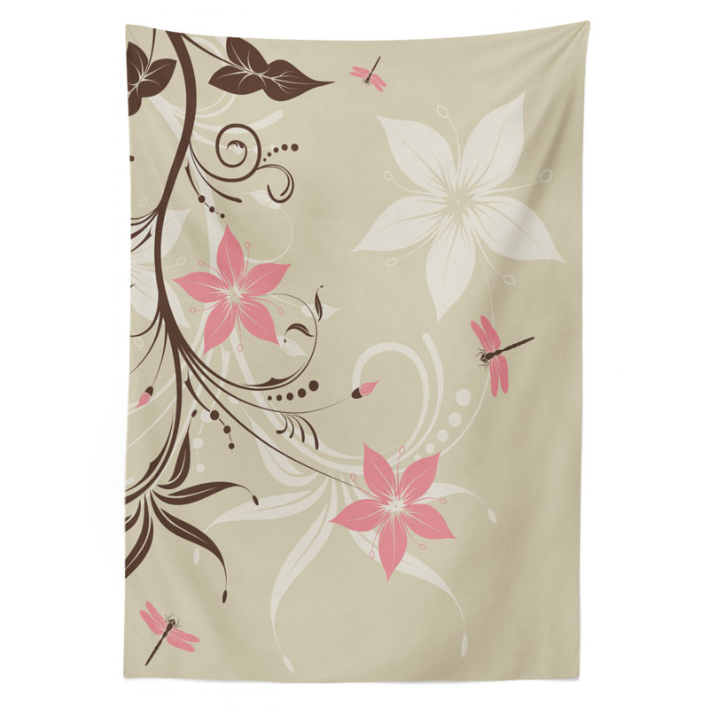 Ambesonne Dragonfly Tablecloth, Floral Background With Dragonflies And Spiral Fashioned Foliage Bud Elements Print, Rectangular Table Cover For Dining Room Kitchen Decor, 52" X 70", Brown Tan