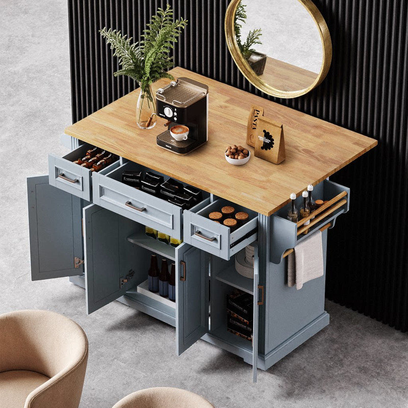 Chariot pour îlot de cuisine en bois d'hévéa avec texture en relief à 4 feuilles et 3 tiroirs, Gris + bleu