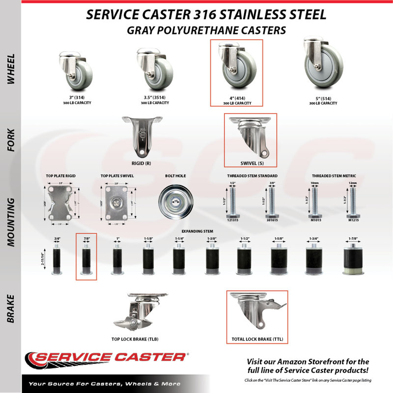 Poly Swivel Expanding Stem Caster Set with 2 Lock Brake, 4" H x 4" W