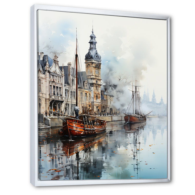 «Old Ship Boat At The Port I», reproduction sur toile, Cadre flottant blanc, H 32 po x l 24 po x P 1 po