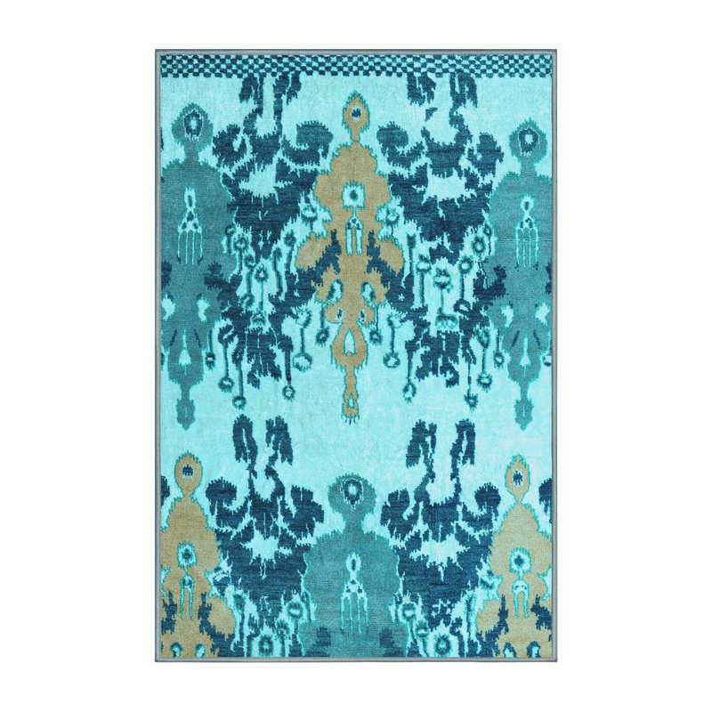 Tapis bleu / bleu sarcelle abstrait en polyester tissé à la machine, Rectangle 5 pi x 7 pi