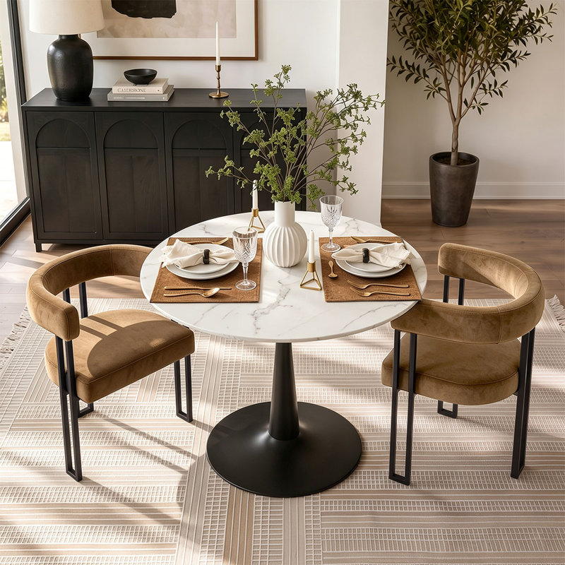 Ensemble de table de salle à manger avec table ronde et 2 fauteuils rembourrés en velours, Chameau / noir