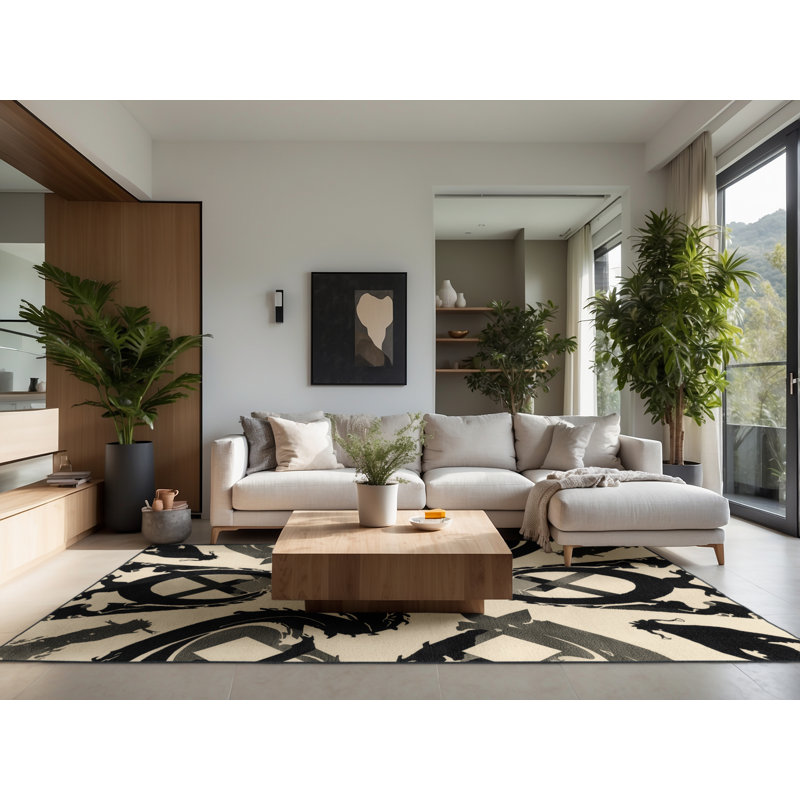 Tapis à motif géométrique doux et moelleux d'inspiration mondiale en forme de dragons en beige - reliure noire, 3 X 5