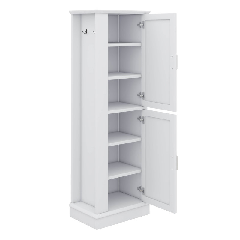 Towering Storage Cabinet Bathroom Floor Stand Alone Unit With Hooks And Customizable Shelf For Bathroom Office Lounge, White