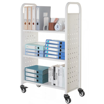 3-Tier Rolling Book Cart Single Sided L-Shaped Shelves Book Truck in White