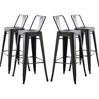 30" Sanded Matte Black Industrial Contemporary Rustic Metal With Bucket Back, Of 4 - Comfort Promoting , Non Slip Rubber Sleeves On Legs, Suitable For Rooftop Bars Inducing Design, Caps Ideal Beer