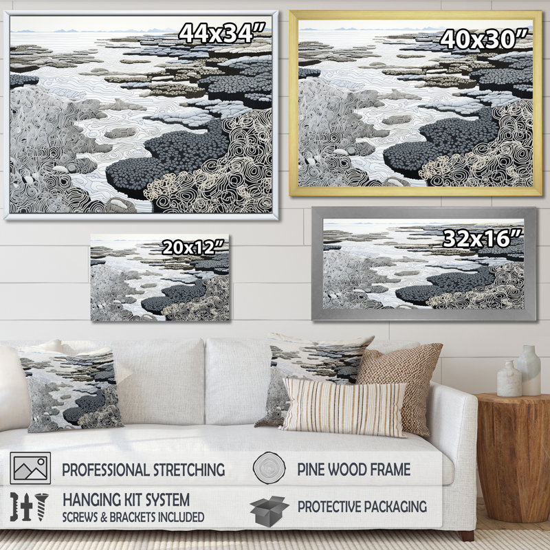 " Gray Abstract Landscape ", Gold Floater Framed, 16" H x 32" W x 1" D