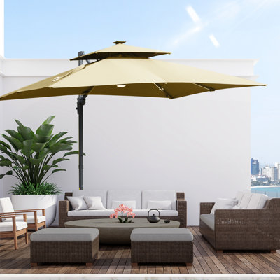 10Ft Cantilever Patio Umbrella With Solar Lights & Power Backup, 360 Rotation, Tilt, Khaki Colorway Tiltable,