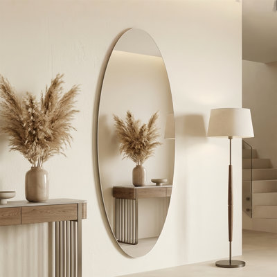 65" x 24" Full Length Wall Mirror, Oval Design, 0.2in Copper-Free Silver Glass, HD Reflection, Shatterproof Backing, Moisture-Resistant, 3 Installation Methods