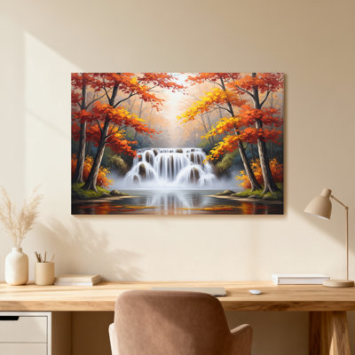 «Plants & Flowers Autumn Trees Waterfall Reflection Landscape», reproduction d'art sur toile