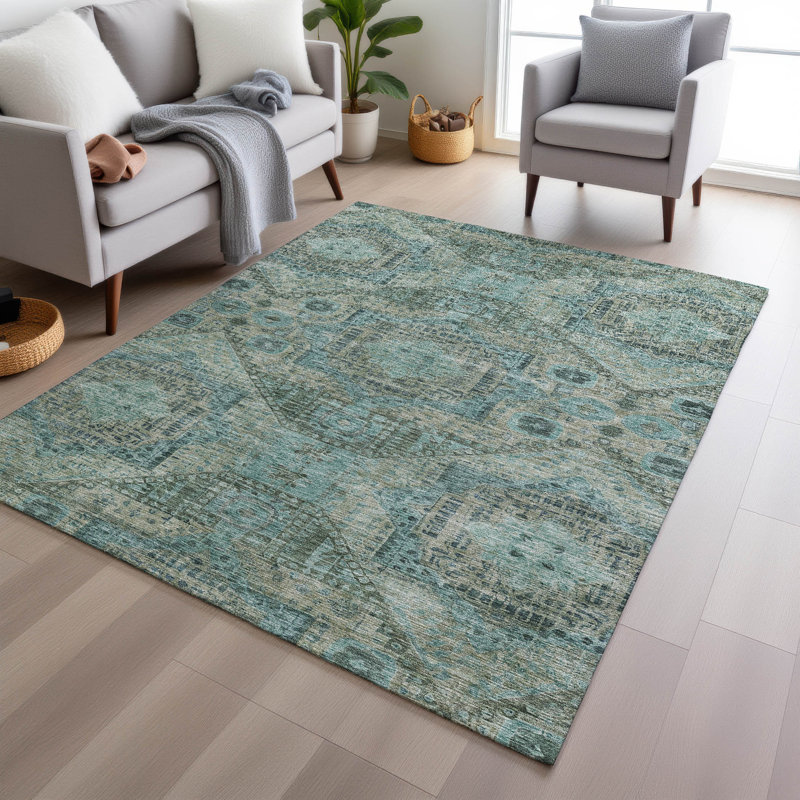 Machine Washable Indoor/Outdoor Xhevrie Sage Rug, Rectangle 5' x 7'6"