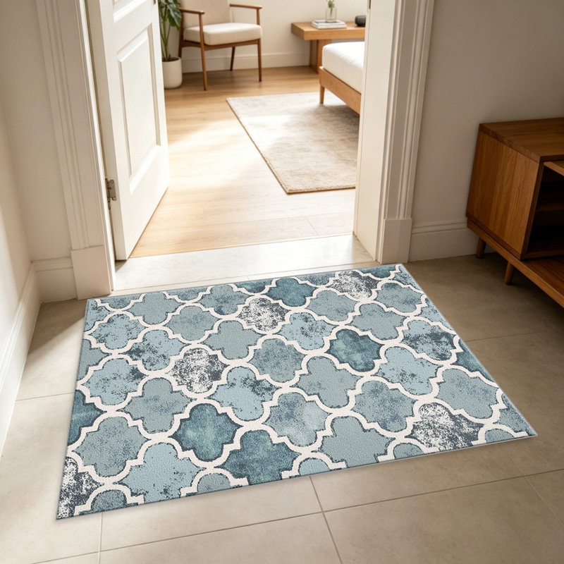 Distressed Trellis Blue carpet-easy to clean, machine-washable, soft and comfortable; suitable for door mats, kitchens, living rooms, bedrooms, corridors, and laundry areas. Easy to clean, durable carpet for home decoration.