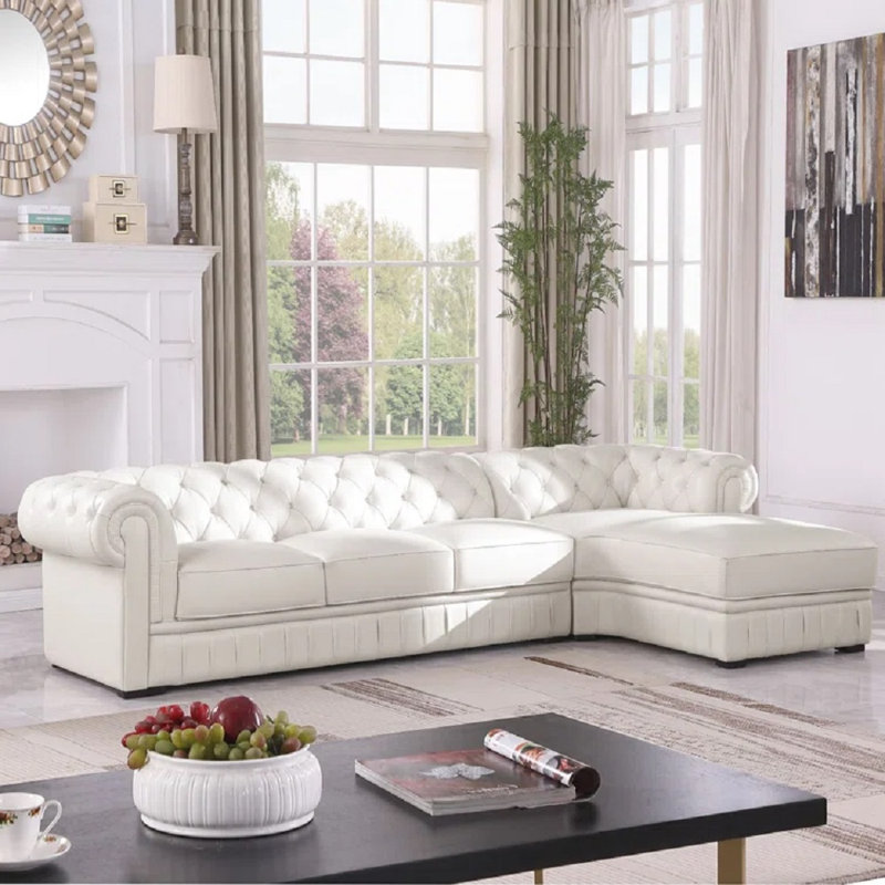 Canapé modulaire classique Chesterfield, Cuir véritable beige, Accoudoir à droite (vu de face)