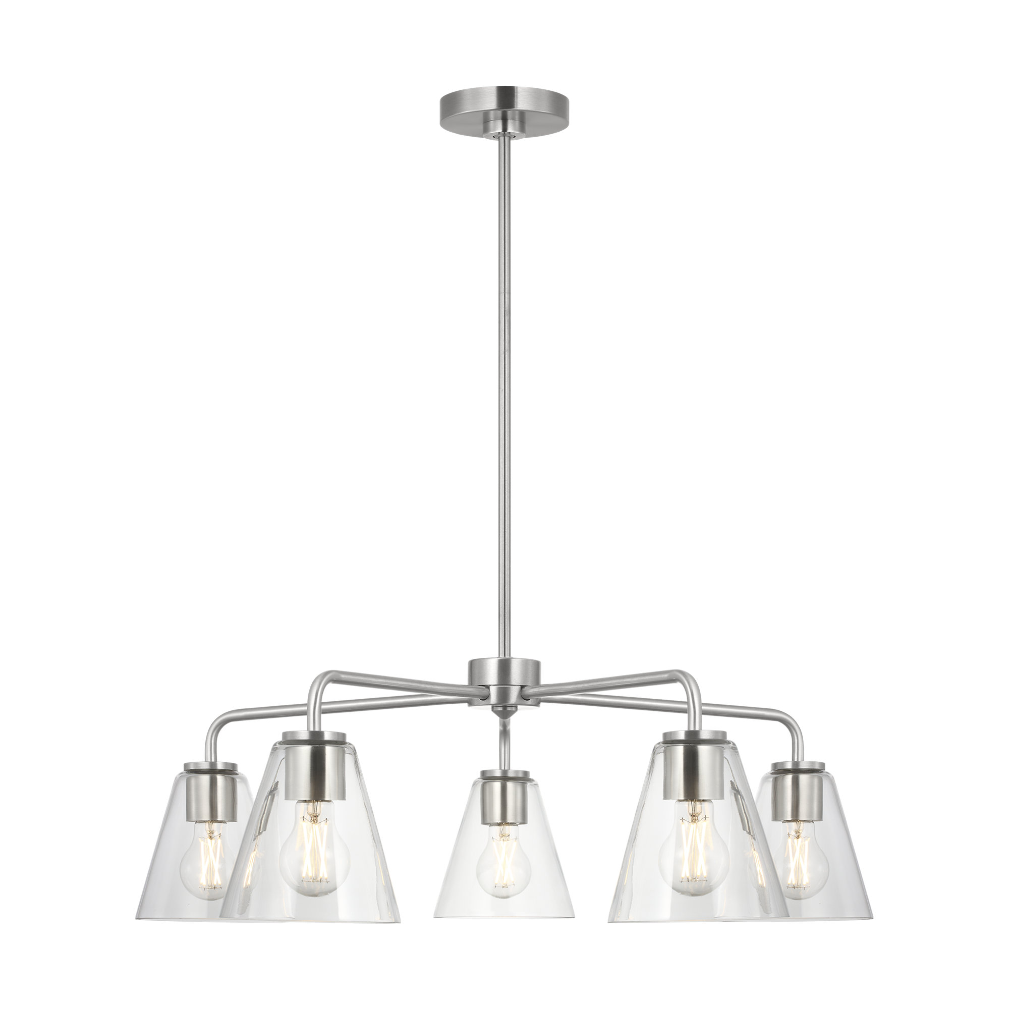 Hayden Five Light Chandelier, Clear, Brushed Nickel
