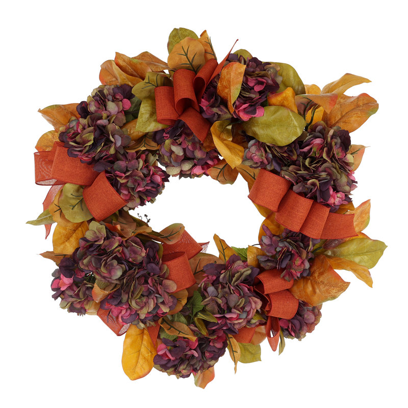 28" Fall Wreath with Hydrangeas, Magnolia Leaves and Bows