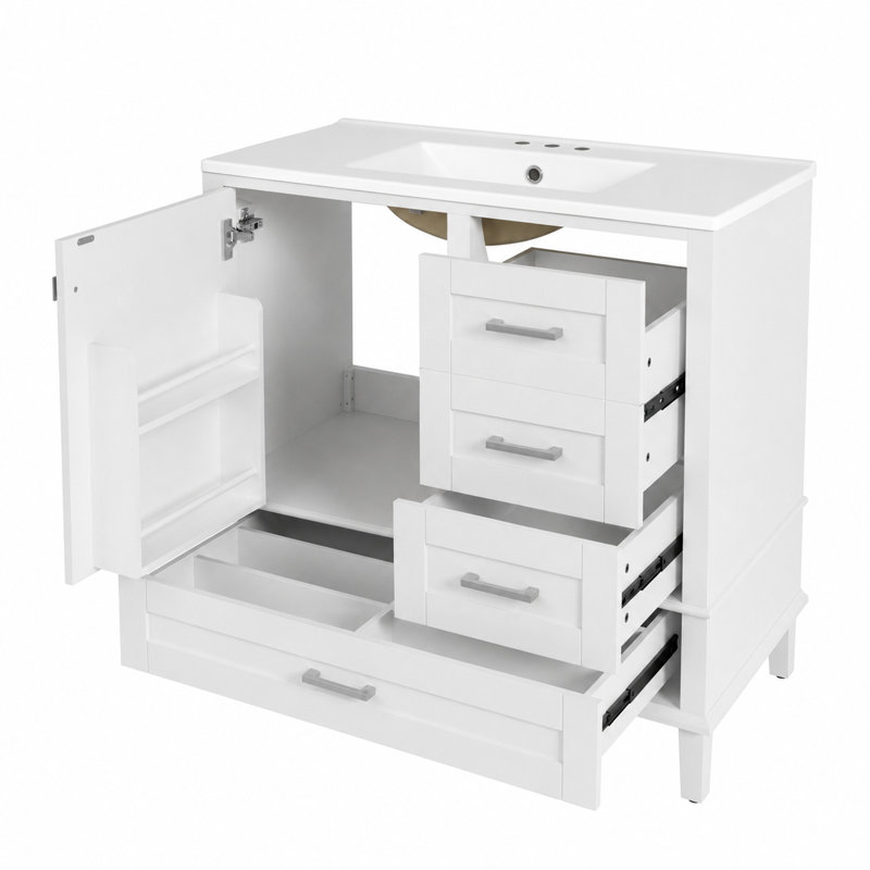 Meuble-lavabo simple Quill de 91 cm (36 po) en blanc éclatant avec comptoir en céramique blanche, portes de style Shaker et rangement à fermeture amortie