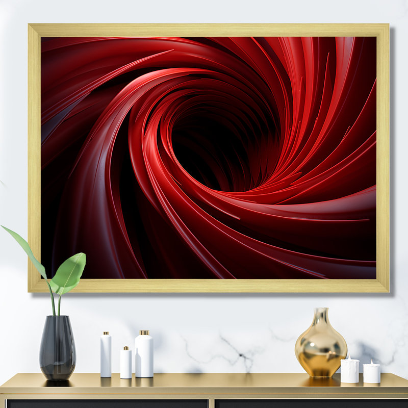 «Red Abstract Spiral Dreamscape II», art mural abstrait en spirale, Cadre doré à coins fermés, H 16 po x l 32 po x P 1 po