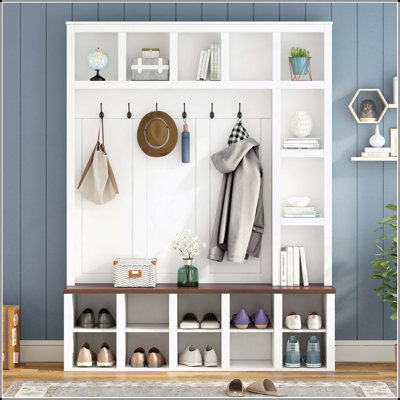 Arbre d'entrée multifonctionnel 4-en-1 avec portemanteau, armoire à chaussures, banc et tablettes de présentation pour une organisation efficace