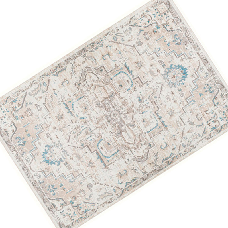 Tapis moyen 7 x 5 en tissu doux, motif médaillon, bleu crème, Rectangle 5 pi 3 po x 7 pi
