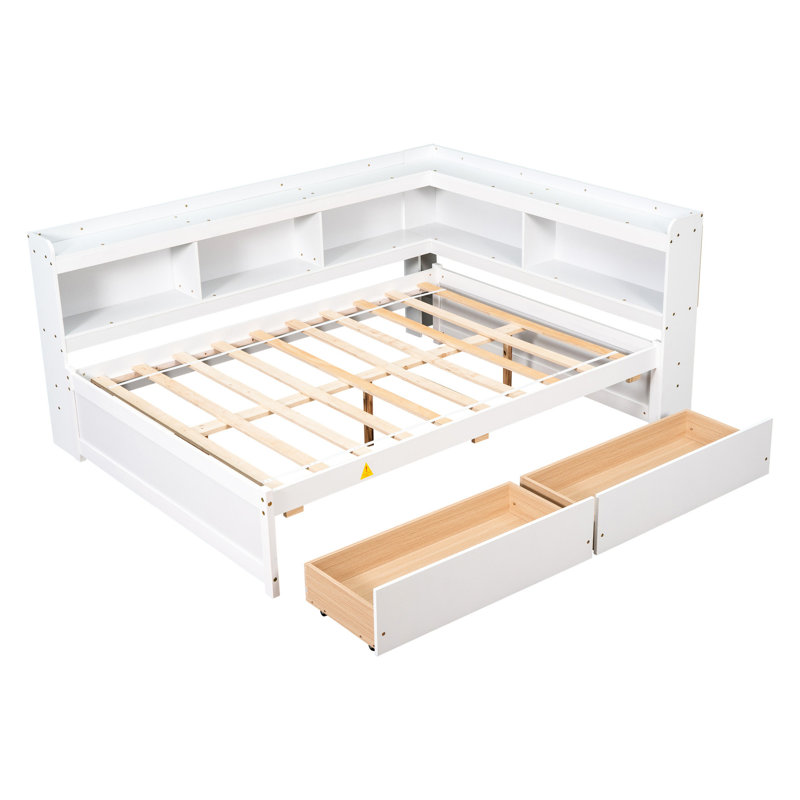 Lit double avec bibliothèques en forme de L et agencement soigné en blanc - Tiroirs de précision pour chambre à coucher, Modern Essential