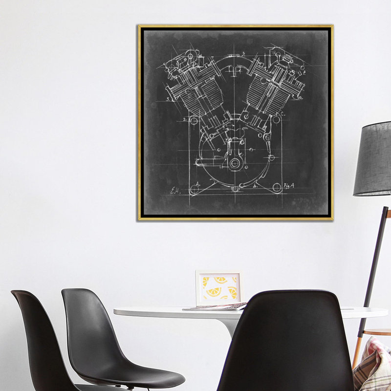 « Motorcycle Engine Blueprint II » par Ethan Harper, reproduction d’art, H 37 po x l 37 po x P 1,5 po, Toile encadrée d'or