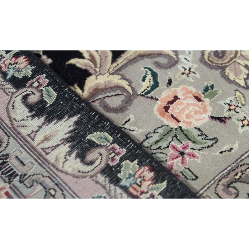 Wool Oriental Area Rug in Black/Light Green/Pink