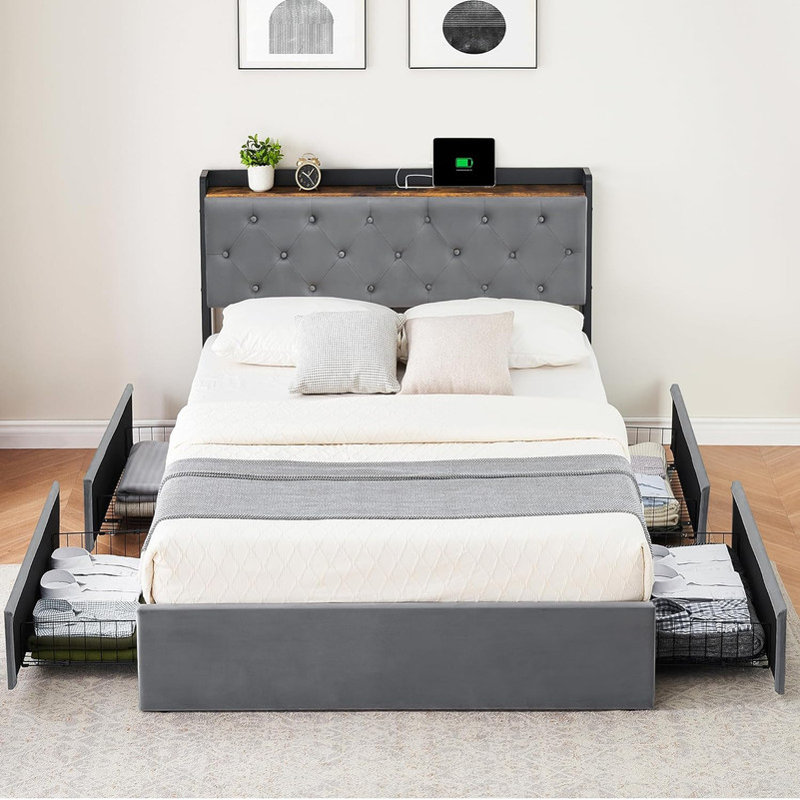 Queen Bed Frame With Charging Station And 4 Storage Drawers, Gray Velvet Upholstered Platform Bed Frame With Storage Headboard, Strong Wooden Slats Support, No Box Spring Needed