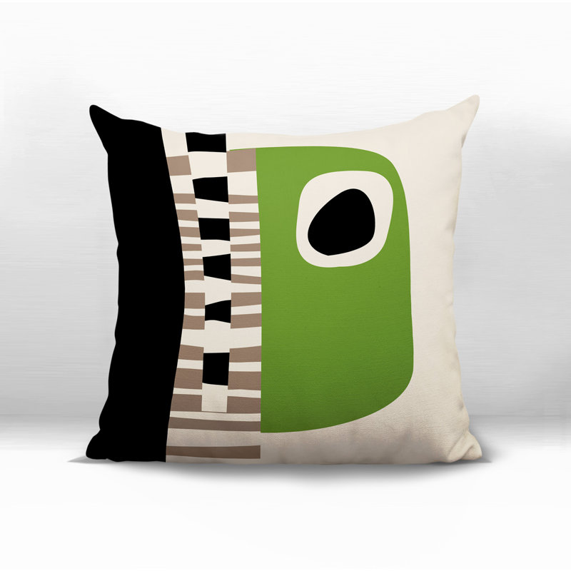 Oreiller carré réversible intérieur / extérieur Rikka, Chartreuse / noir / blanc cassé abstrait, H 17 po x l 17 po
