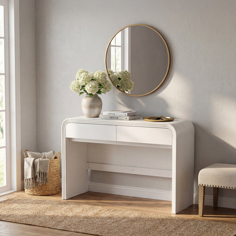 Table console avec rangement à 2 tiroirs pour hall d'entrée Curved Edge, Blanc