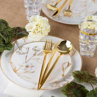 EcoQuality 6 inch Round White Plastic Plates with Antique Gold Floral Design 90 Guests EcoQuality