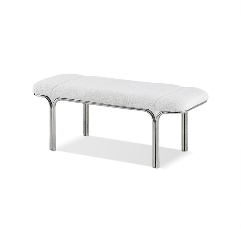 White Velvet Upholstered Silver Stainless Steel Bench, White