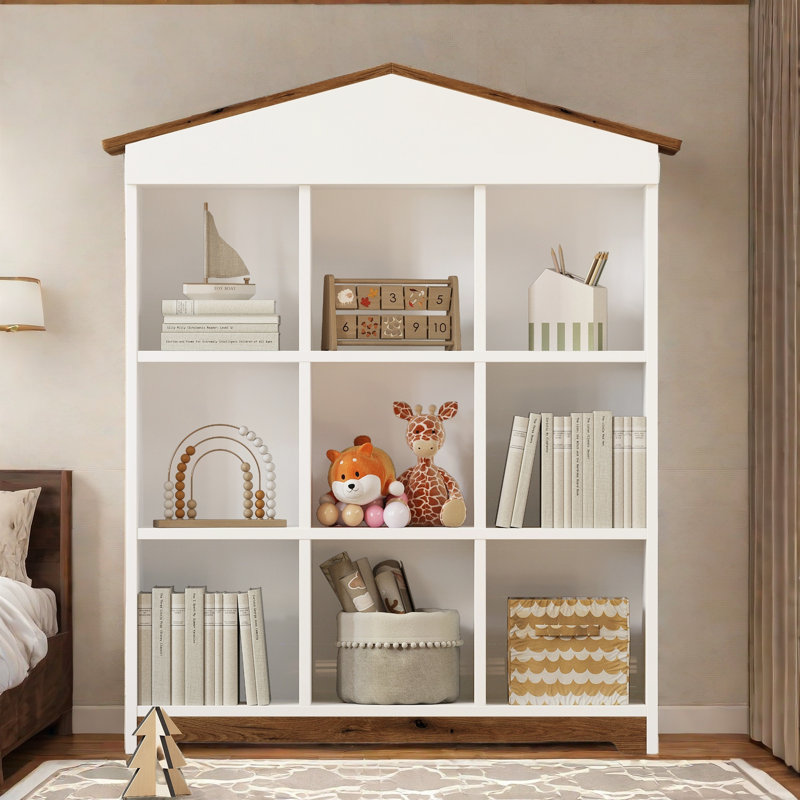 House-Shaped Storage Rack With Nine Storage Compartments And Colorblock Design, White/Brown