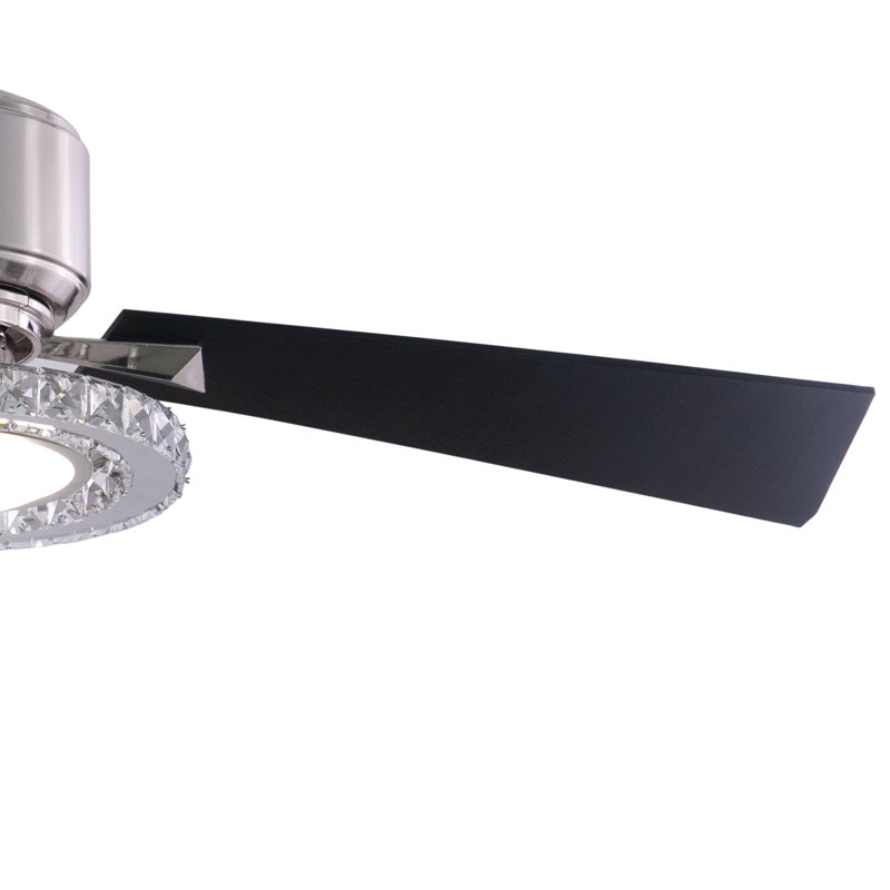 Fitchett 52 in. Brushed Nickel Indoor Rod Mount Glam Ceiling Fan with Black Blades, Dimmable Integrated LED Crystal Light Kit and Remote Control Included, 3 Speeds, Cream Acrylic Shade
