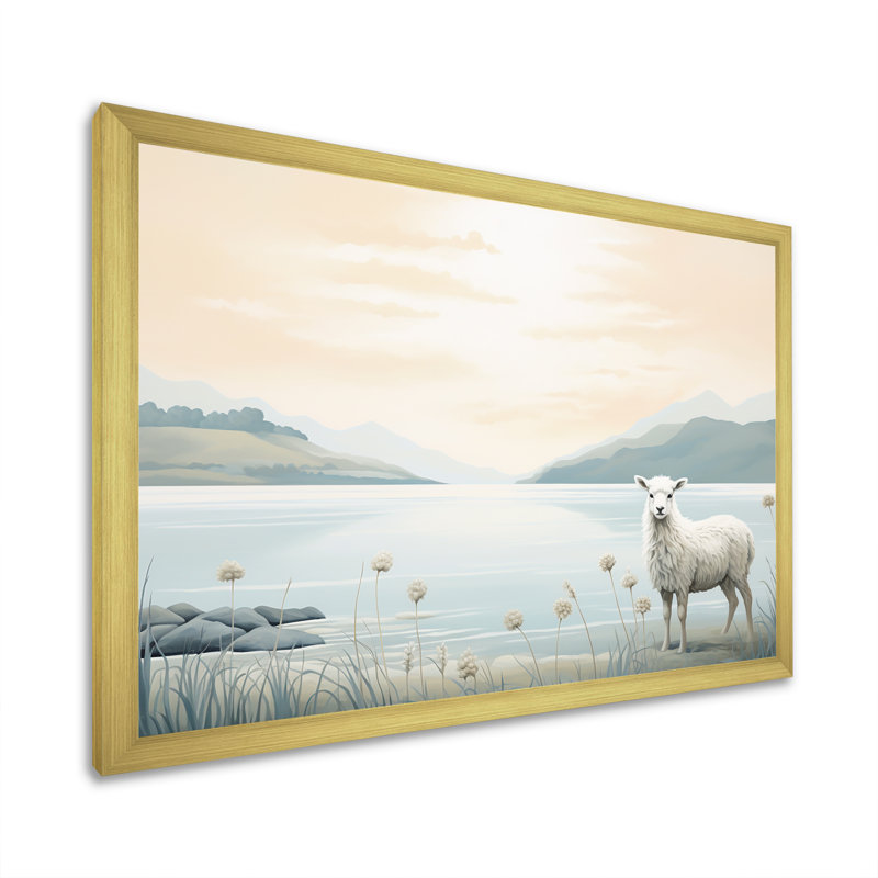 Minimalisme, moutons sur la plage I - impressions sur toile de moutons, Encadrement doré, H 16 po x l 32 po x P 1 po