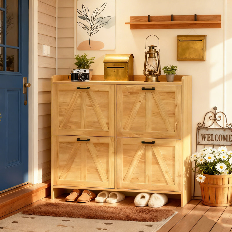 Rustic Barn-Door Shoe Cabinet With 4 Flip Drawers, Sleek Space-Saving Entryway Organizer For Living Room, Light Oak