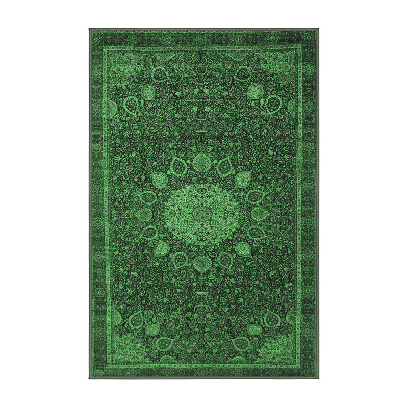 Tapis oriental en laine / polyester tissé à la machine en vert / noir, Rectangle 5 pi x 7 pi