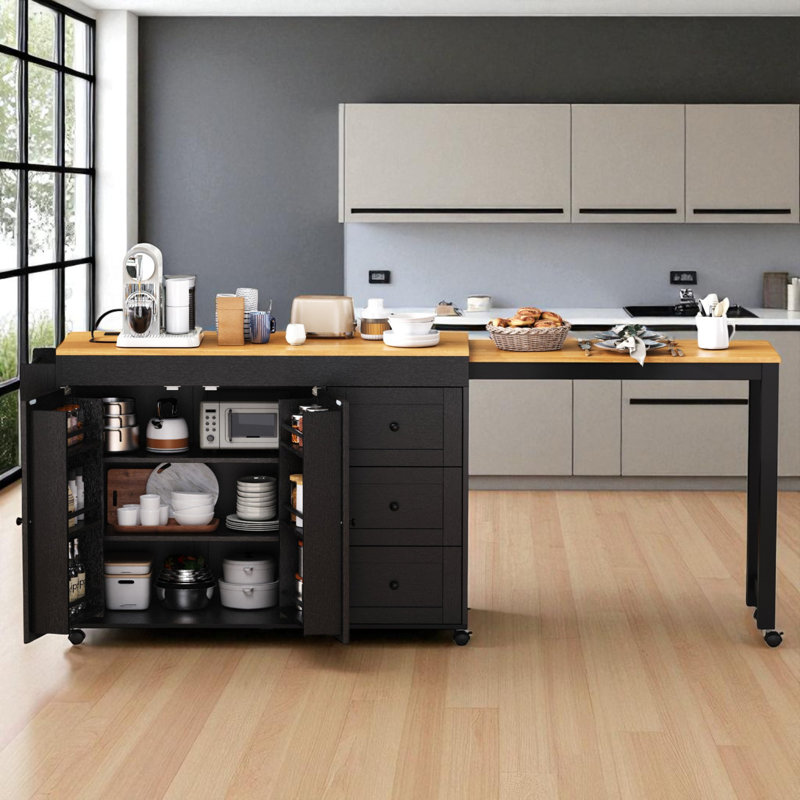 Îlot de cuisine de 48,8 po de largeur avec comptoir extensible, Noir
