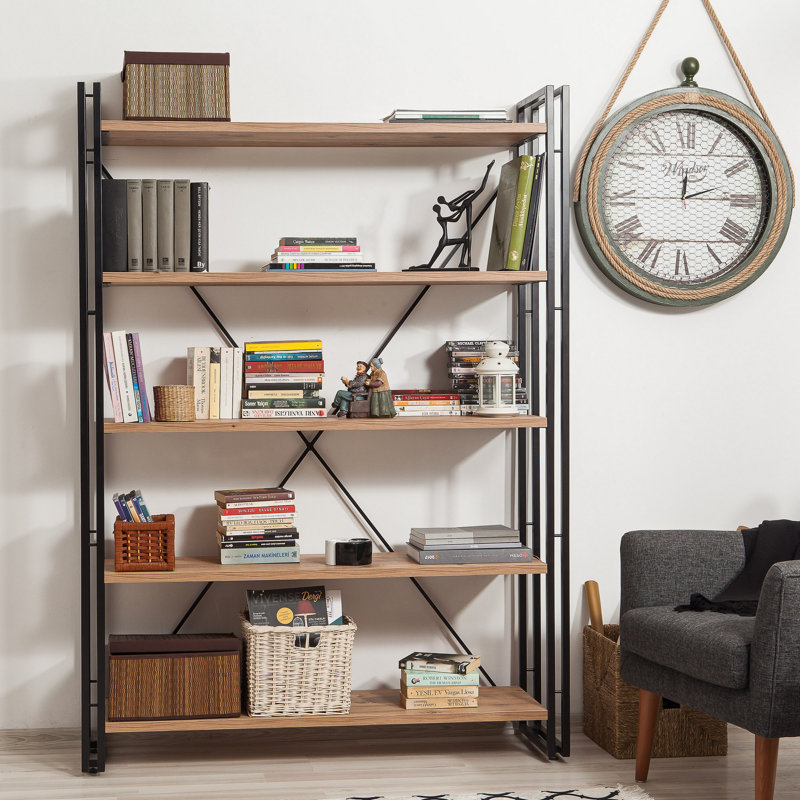 Industrial Bookshelf with Metal Frame, Atlantic Pine & Black Finish, 51.2 x 70.9 x 13.8 inches | 100% Melamine Coated Particle Board, 0.7 in Thickness | Wall-Mountable, Numerous Shelves, 77.2 lbs Capacity