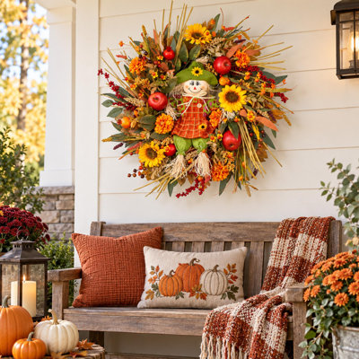 Couronne d'épouvantail d'automne de 61 cm (24 po) avec tournesols et décorations automnales