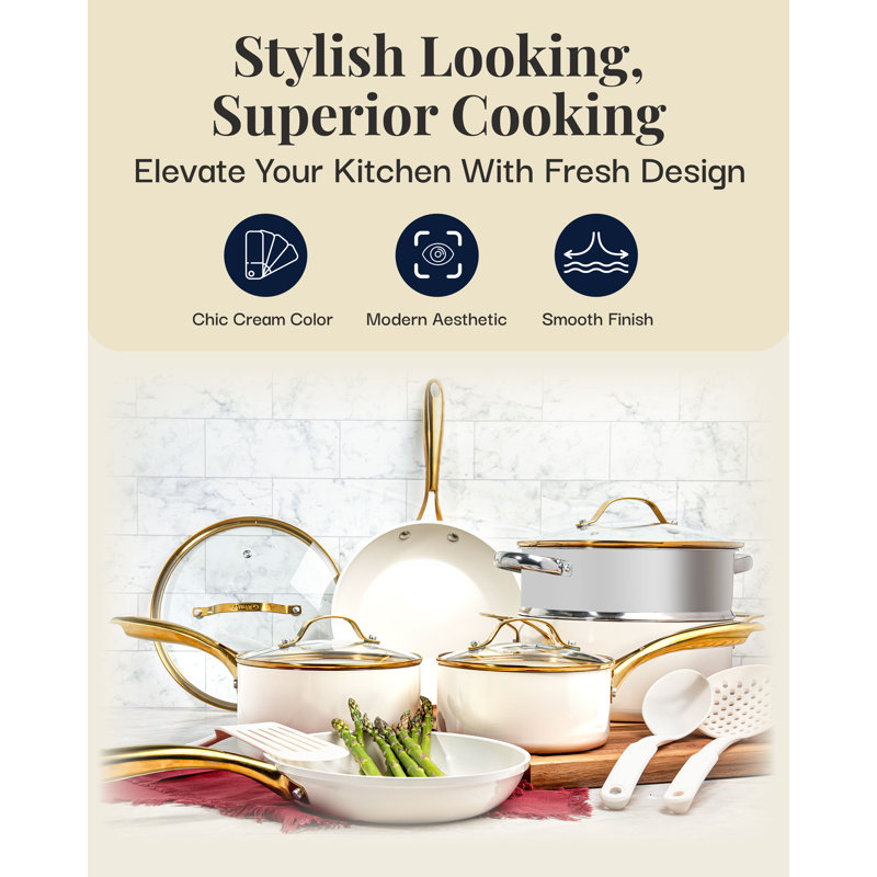 Cream and Gold 15-Piece Nonstick Ceramic Cookware Set
