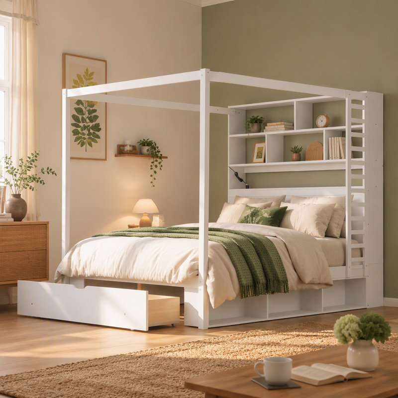 Lit à baldaquin en bois Queen Size avec tête de lit bibliothèque, prises USB et éclairage DEL RVB intelligent, lit plateforme avec rangement sous le lit, tiroir au pied du lit et garde-robe réversible