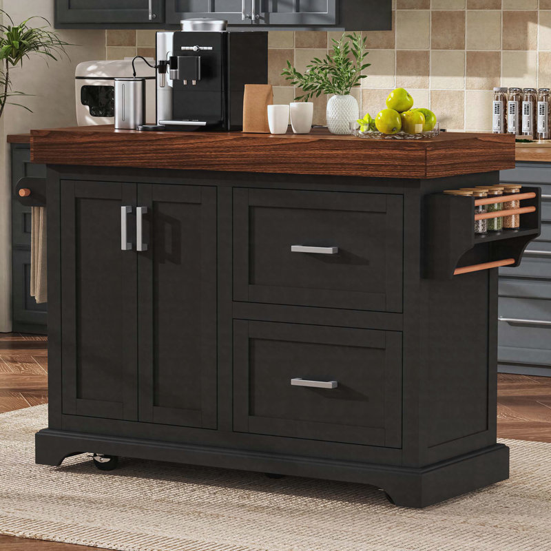 53" Large Kitchen Island with 3.5" Thick Desktop, Spice and Towel Racks, Rolling Kitchen Island with Storage on 5 Wheels, 2 Extra-large Drawers, for Home, Kitchen, Dining Room